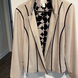 Chicos polkadot lined jacket and tan with black ribbon.